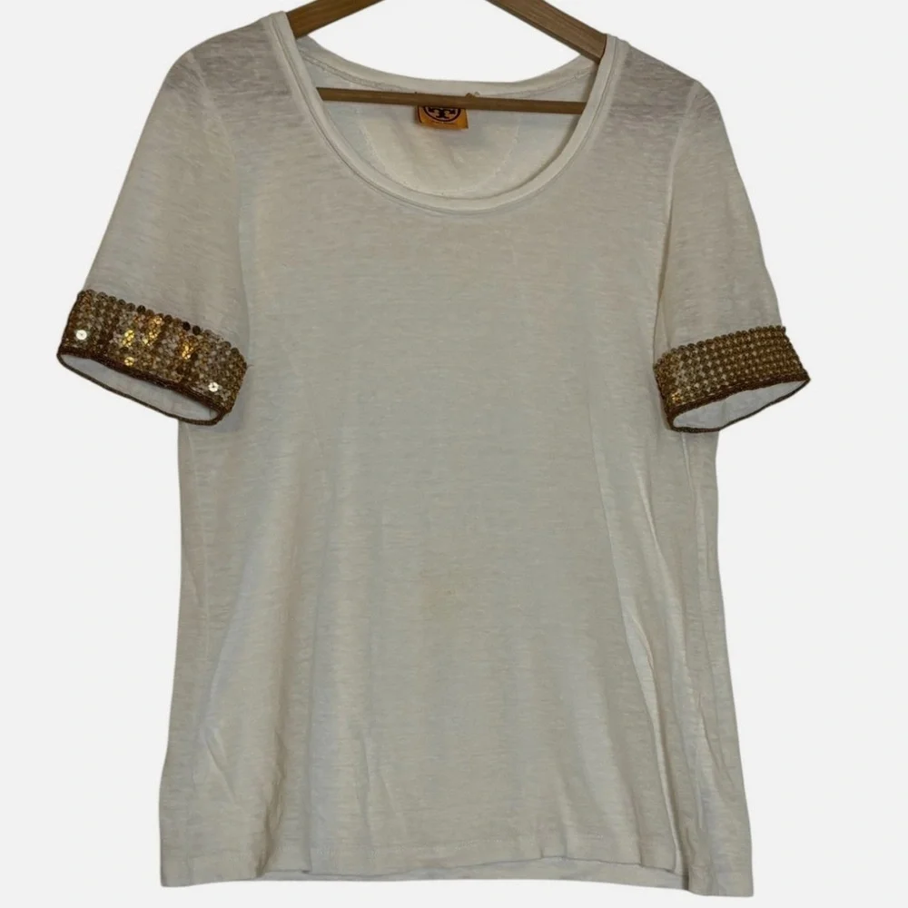 Tory Burch Linen T-Shirt Sm Short Sleeve Bronze / Copper Sequin Embellishments